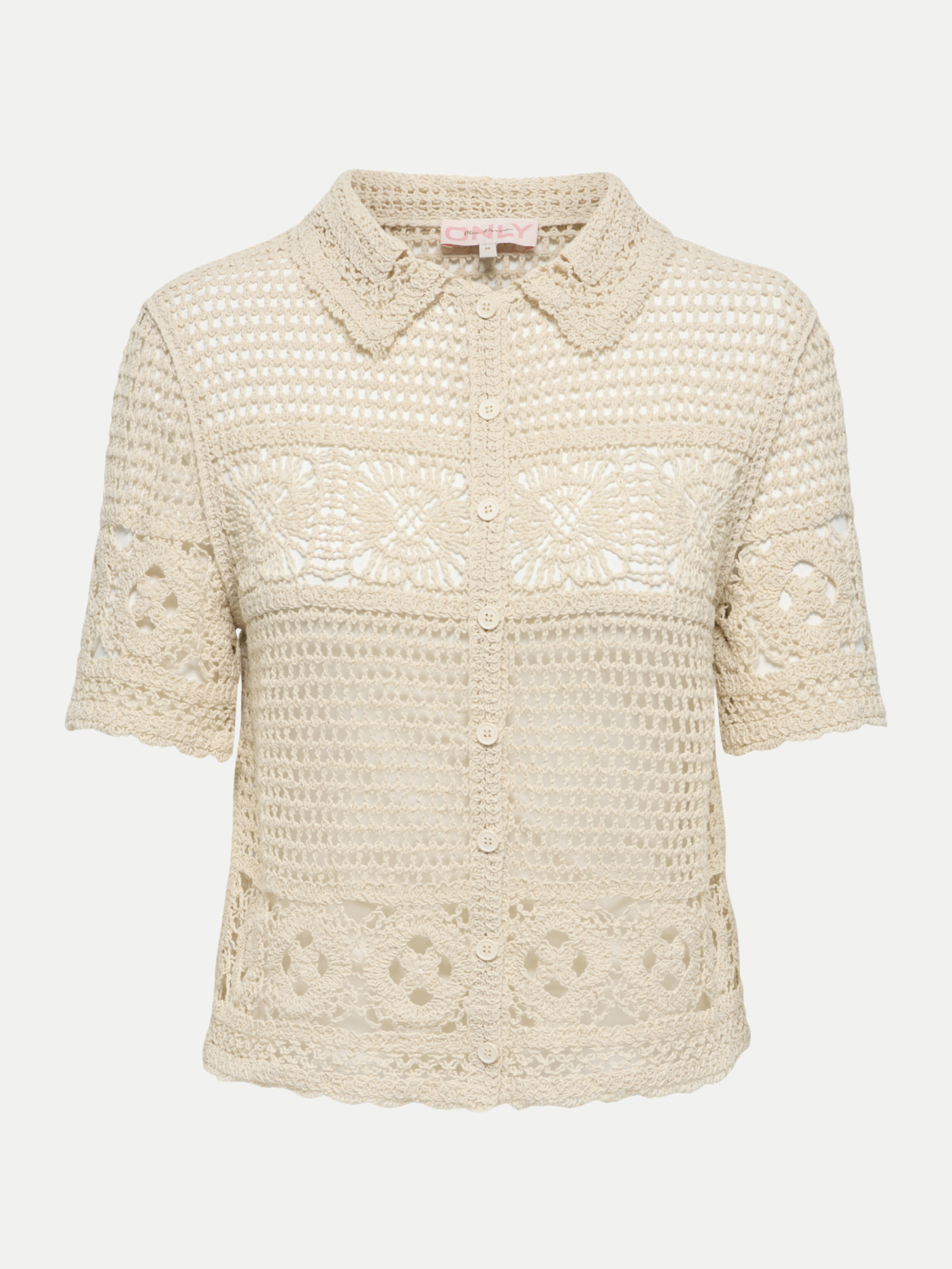 Kurzarm- Strickjacke in Häkeloptik Beige M